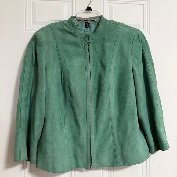 Linda Allard Ellen Tracy Green Suede Leather Jacket SZ 14 Chick Utilitarian - Picture 1 of 6